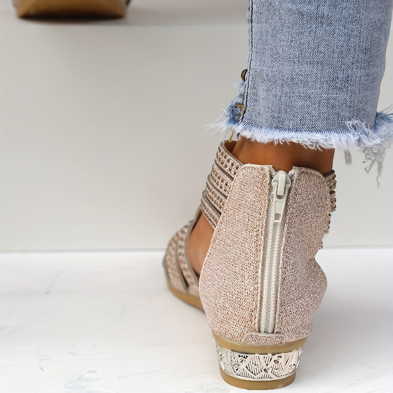 Women's Rhinestone Decor Roman Sandals, Trendy Hollow Out Design Back Zipper Sandals, Breathable Wedge Sandals