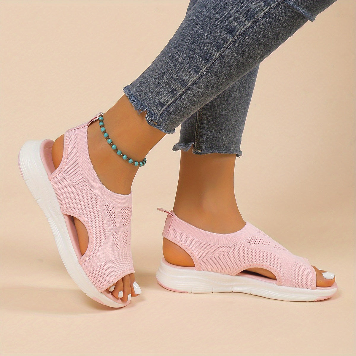 Women's Knitted Cut-out Sandals, Solid Color Open Toe Slip On Shoes, Lightweight Wedge Shoes