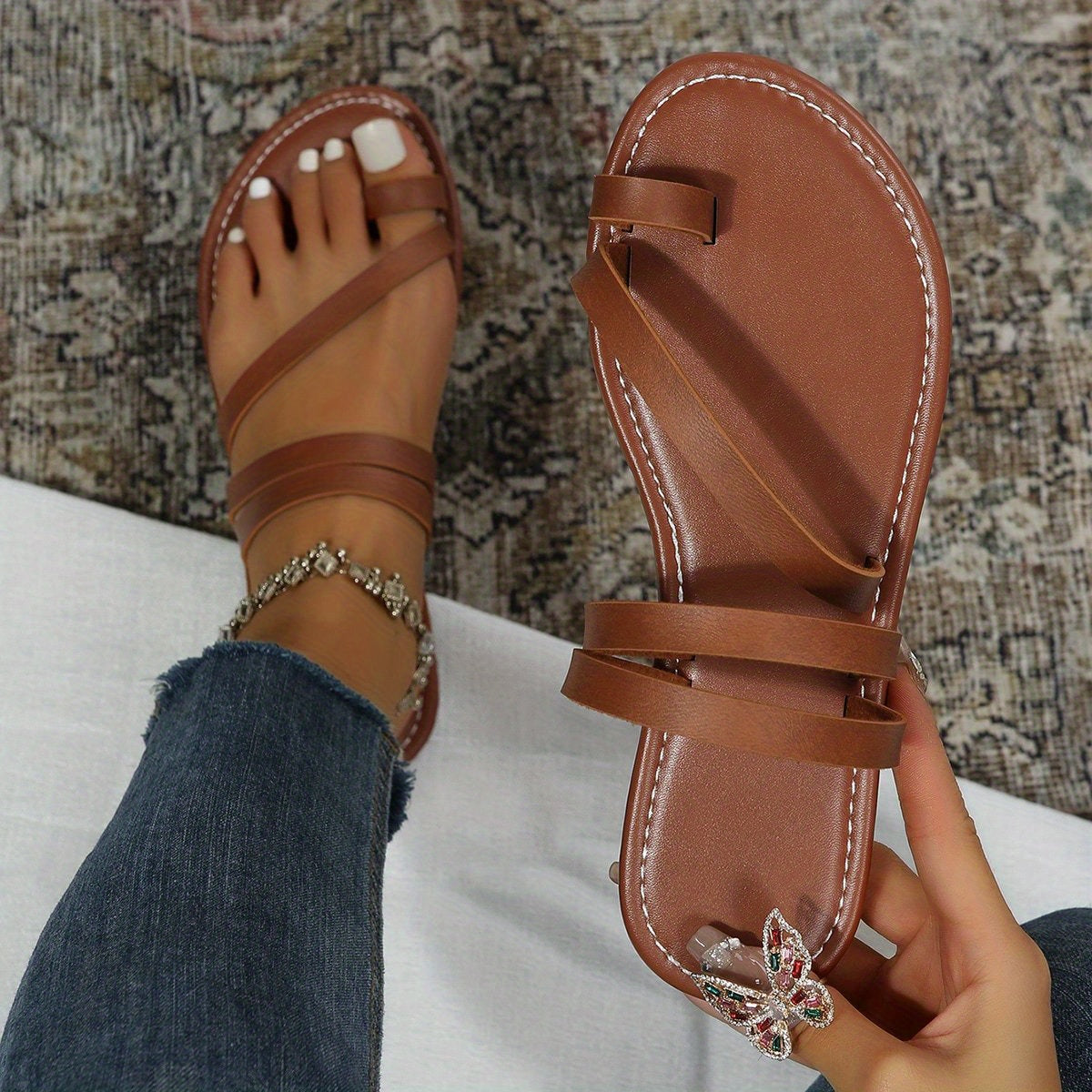 Non-Slip Beach Slides for Women - Solid Color Toe Loop Sandals