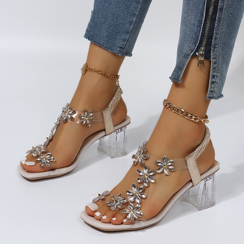 Women's Faux Rhinestone Floral Decor Chunky Heeled Sandals, Transparent T-strap Sandals, Clear Heel Party Heels
