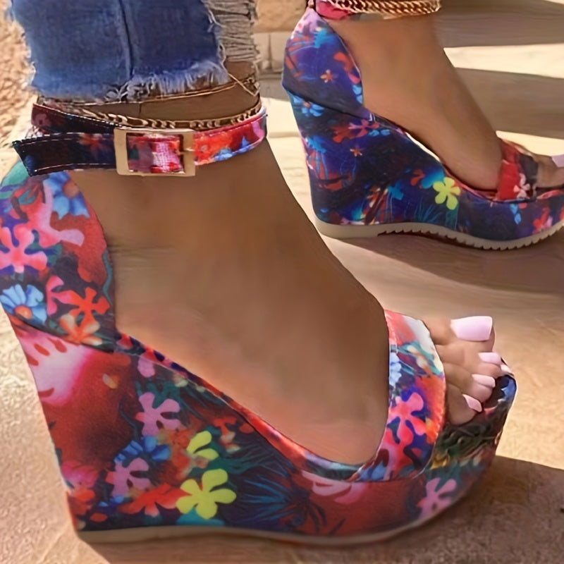 Women's Floral Pattern Wedge Sandals, Open Toe Platform Ankle Strap Sandals, Women's Footwear