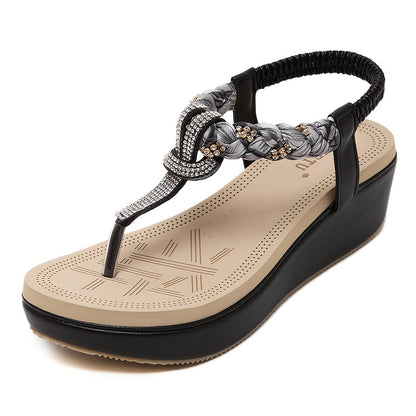 Women's Boho Rhinestone Braided Strap Wedge Sandals, Lightweight Elastic Strap Flip Flops, Outdoor Beach Travel Sandals