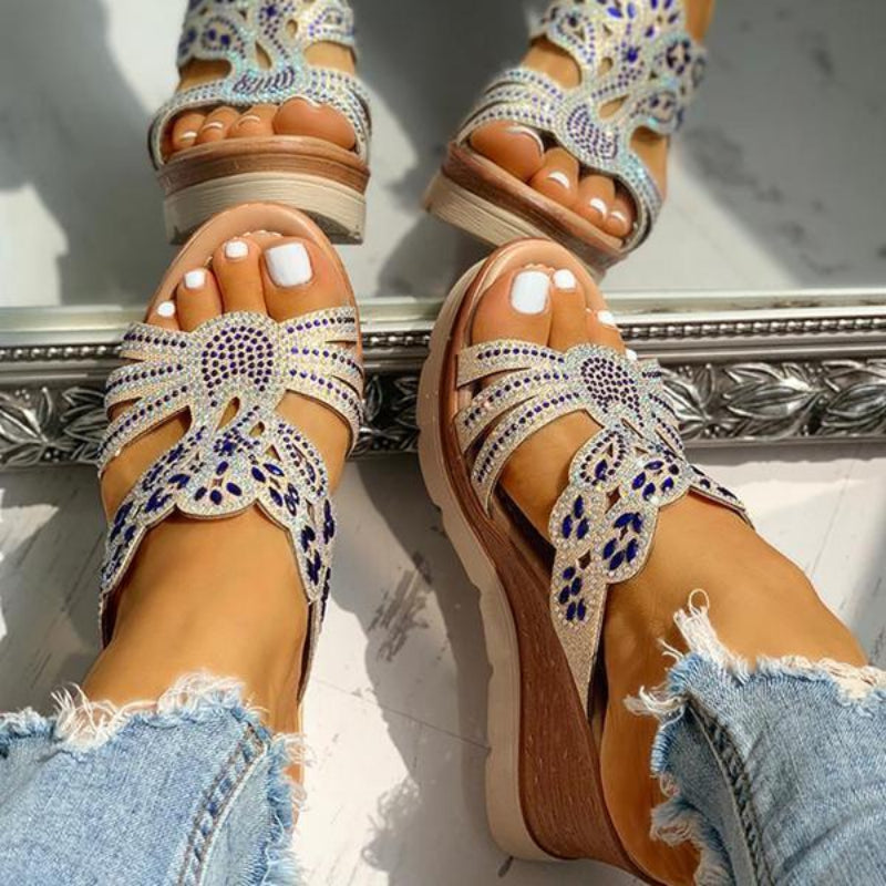 Women's Rhinestone Cut-out Wedge Sandals, Open Toe Non-slip Slides Shoes, Lightweight Outdoor Slippers