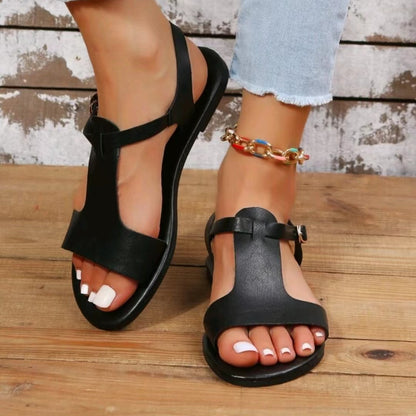 Black T-Strap Sandals: Rome Style, Ankle Buckle, Non-Slip