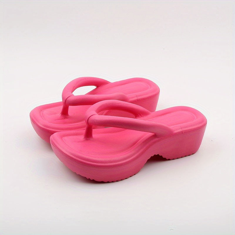Women's Platform Flip Flops, Chunky Heeled Solid Color Non Slip EVA Slides, Outdoor Beach Thong Sandals