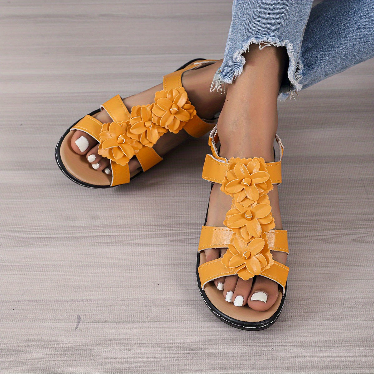 Women's Flower Decor T-Strap Sandals, Solid Color Wedge Sandals, Women's Footwear