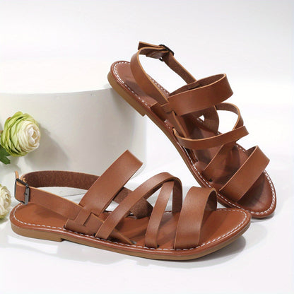 Women's Roman Flat Sandals, Solid Color Open Toe Cross Strap Buckle Strap Anti-skid Shoes, Summer Sandals