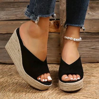Women's Espadrille Wedge Sandals, Casual Peep Toe Slip On Platform Shoes, Outdoor Slide Sandals