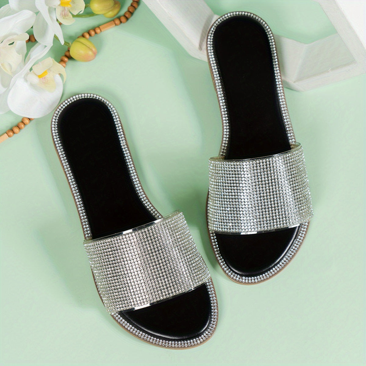 Women's Rhinestone Flat Slippers, Glitter Open Toe Non-slip Slides Shoes, Casual Outdoor Slippers