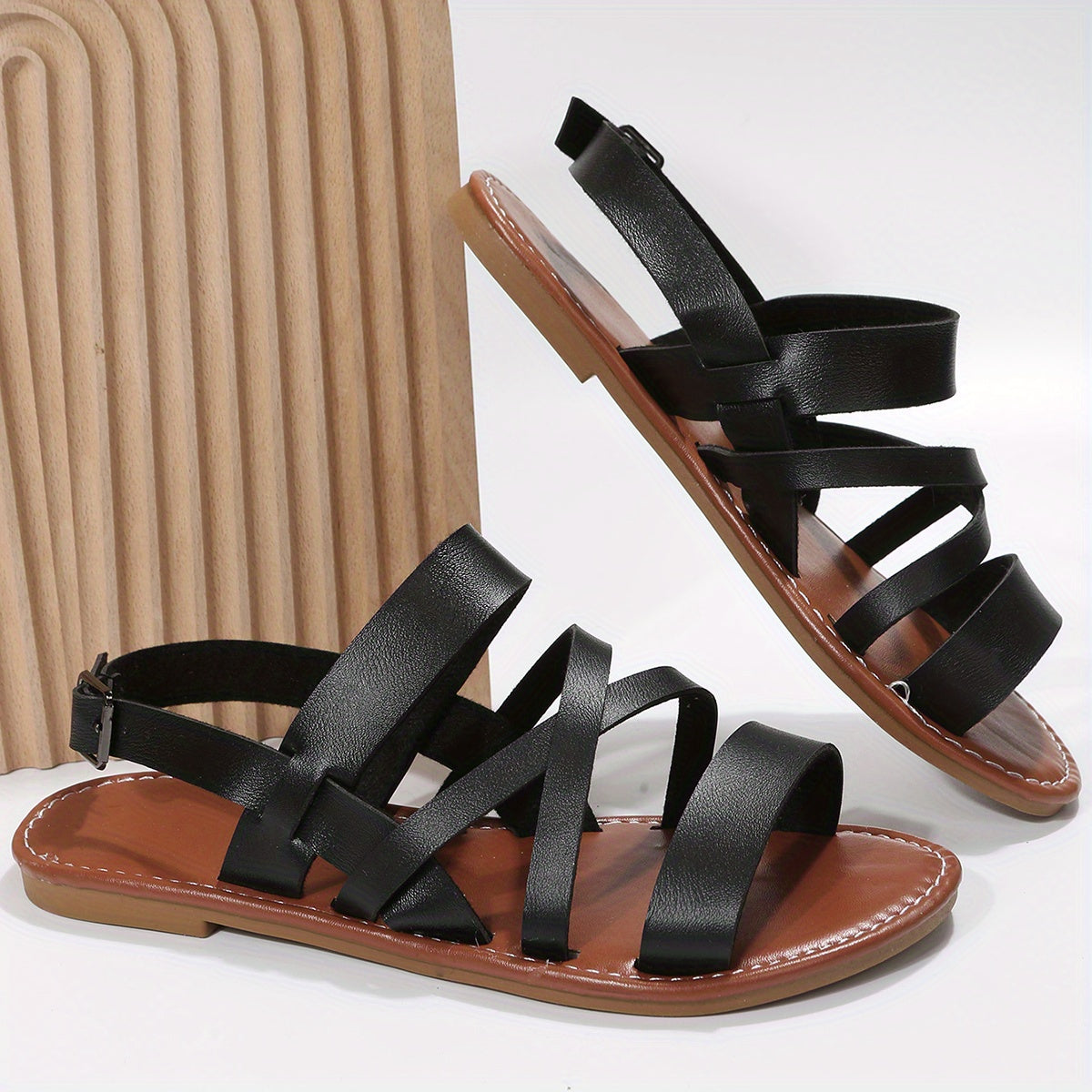 Women's Roman Flat Sandals, Solid Color Open Toe Cross Strap Buckle Strap Anti-skid Shoes, Summer Sandals