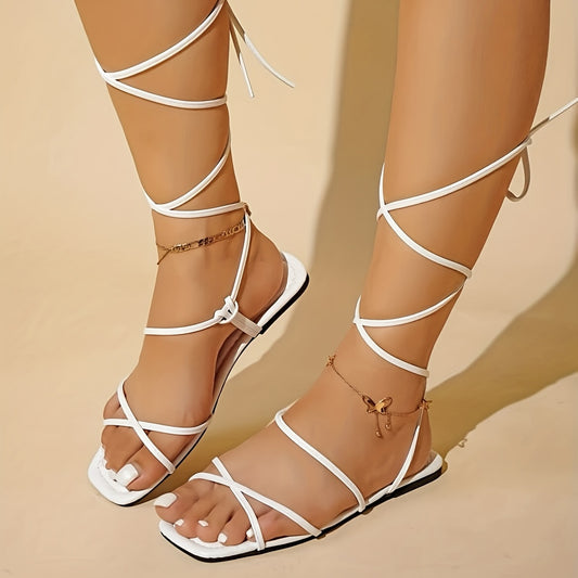 Summer Beach Sandals: Women's Strappy Lace-Up Flats in Solid Colors