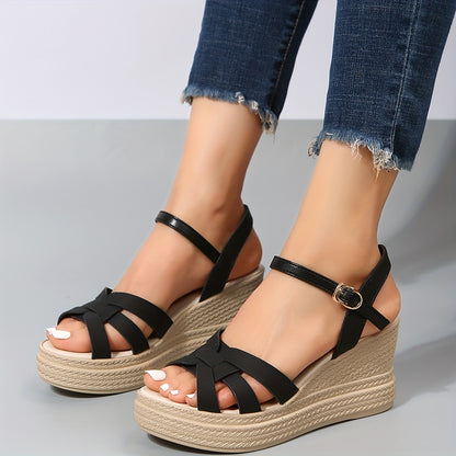 Women's Platform Wedge Sandals, Open Toe Solid Color Ankle Strap Heels, Outdoor Summer Sandals