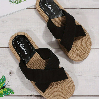 Solid Color Beach Slides - Women's Cross Strap Flats with Espadrille Sole