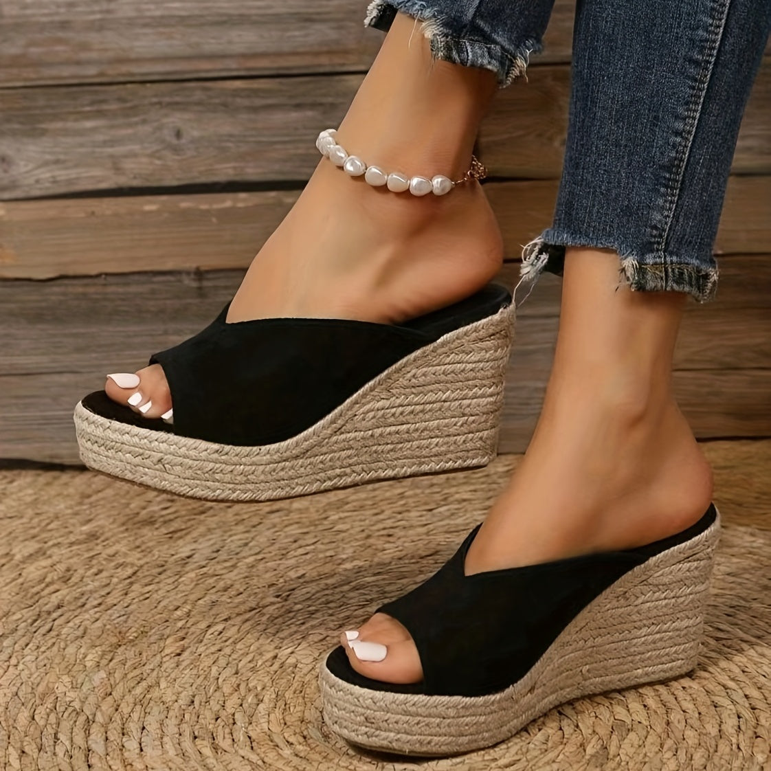 Women's Espadrille Wedge Sandals, Casual Peep Toe Slip On Platform Shoes, Outdoor Slide Sandals