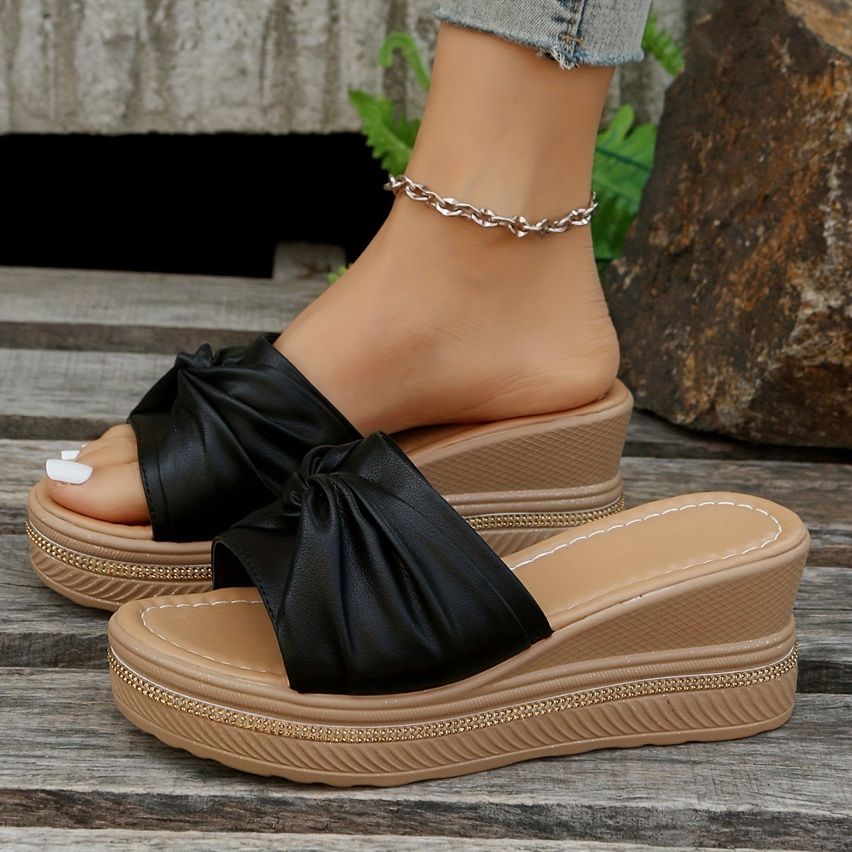 Women's Bowknot Wedge Sandals, Single Band Open Toe Slip On Platform Shoes, Versatile Ladies Sandals