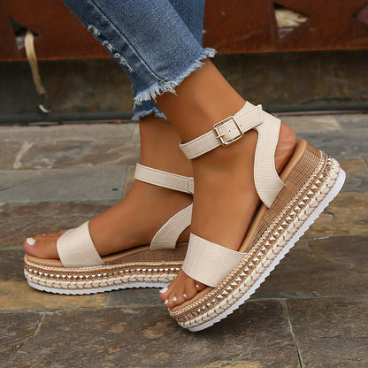 Women's Platform Wedge Sandals, Rivet Open Toe Ankle Buckle Strap Espadrilles Shoes, Casual Outdoor Sandals