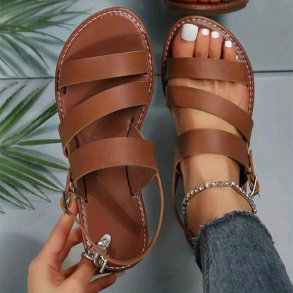 Women's Roman Flat Sandals, Solid Color Open Round Toe Ankle Strap Shoes, Casual Beach Sandals