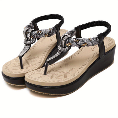 Women's Boho Rhinestone Braided Strap Wedge Sandals, Lightweight Elastic Strap Flip Flops, Outdoor Beach Travel Sandals