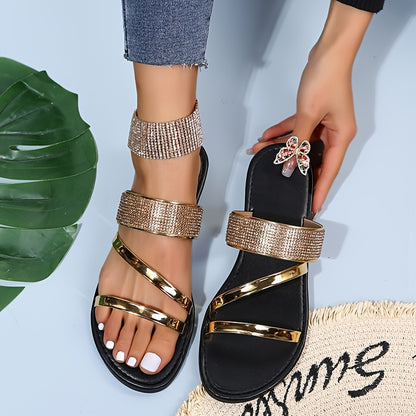 Women's Rhinestone Decor Slide Sandals, Strappy Beach Flat Slippers, Open Toe Faux Leather Flat Shoes