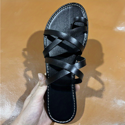 Women's Roman Toe Loop Flat Slippers, Solid Color Cross Strap Anti-skid Slides Shoes, Casual Outdoor Beach Shoes