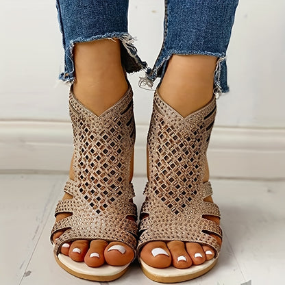 Women's Rhinestone Decor Roman Sandals, Trendy Hollow Out Design Back Zipper Sandals, Breathable Wedge Sandals