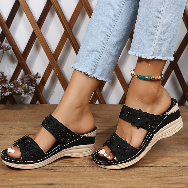 Women's Flower & Rhinestone Wedge Slippers, Solid Color Open Toe Non Slip Arch Support Slides Shoes, Casual Retro Sandals