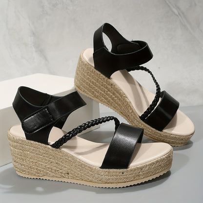Women's Wedge Espadrilles Sandals, Open Toe Braided Strap Hook & Loop Platform Shoes, Summer Beach Sandals