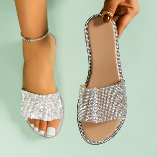 Women's Rhinestone Flat Slippers, Glitter Open Toe Non-slip Slides Shoes, Casual Outdoor Slippers