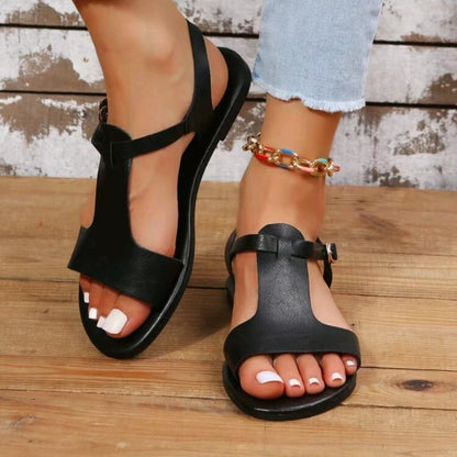Black T-Strap Sandals: Rome Style, Ankle Buckle, Non-Slip