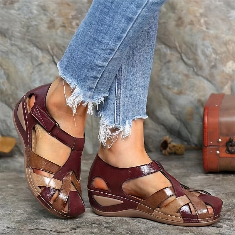 Women's Colorblock Wedge Sandals, Closed Toe Hollow Out Hook & Loop Shoes, Casual Outdoor Sandals