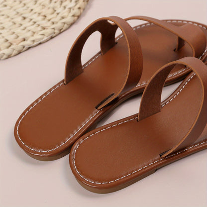 Women's Toe Loop Flat Slippers, Solid Color Open Toe Anti-skid Slides Shoes, Casual Roman Sandals