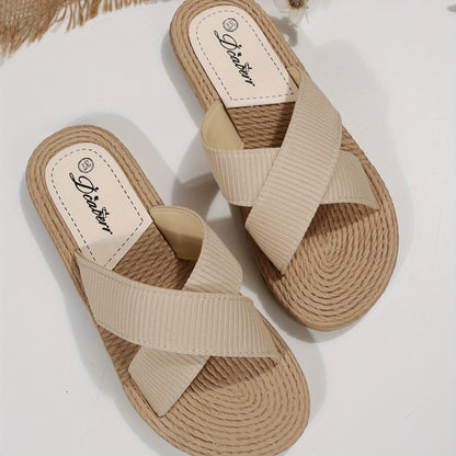 Solid Color Beach Slides - Women's Cross Strap Flats with Espadrille Sole