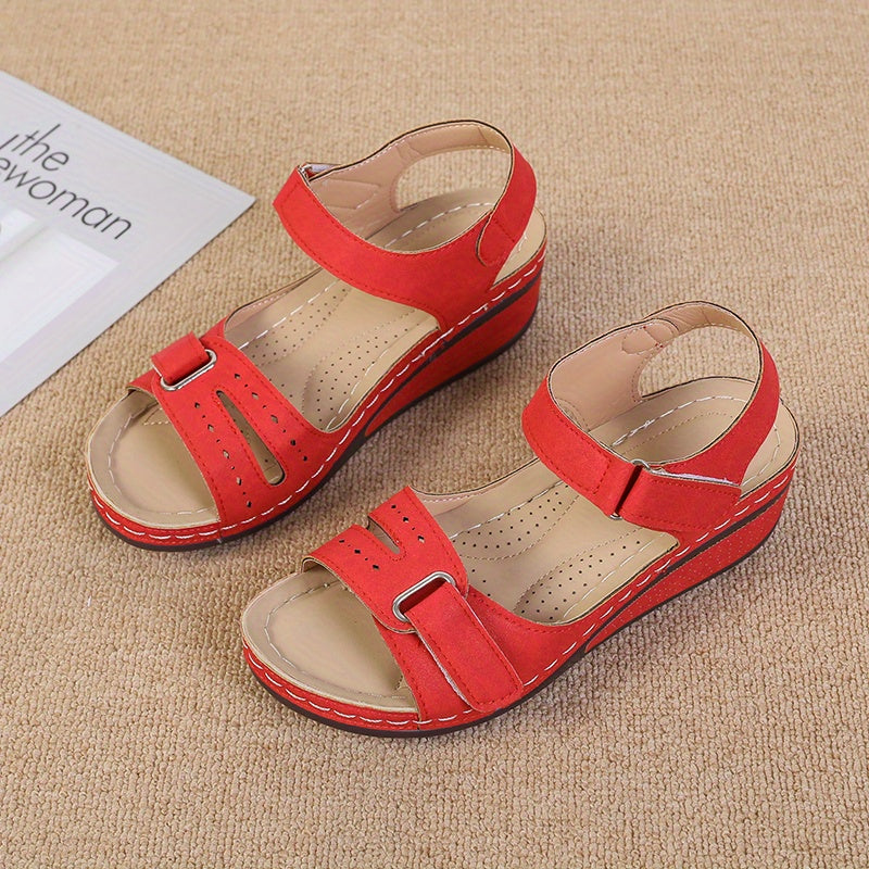 Women's Hollow Out Wedge Sandals, Solid Color Hook & Loop Strap Open Toe Slingback Shoes, Casual Outdoor Anti-skid Shoes