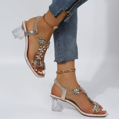 Women's Faux Rhinestone Floral Decor Chunky Heeled Sandals, Transparent T-strap Sandals, Clear Heel Party Heels