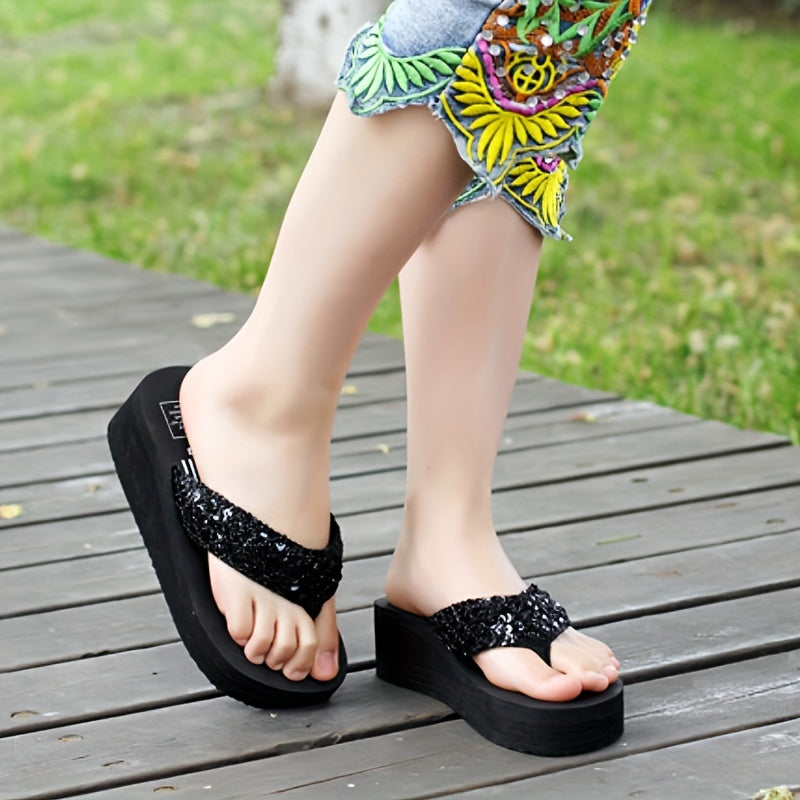 Women's Sparkly Sequ Platform Flip Flops, Lightweight Open Toe Non Slip Slides Shoes, Outdoor Beach Summer Slippers