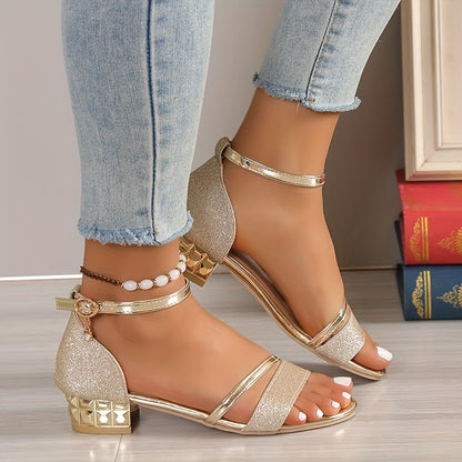 Women's Chunky Heel Low Heel Ankle Strap Sandals, Solid Color Glitter Sandals For Women
