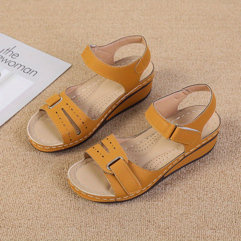 Women's Hollow Out Wedge Sandals, Solid Color Hook & Loop Strap Open Toe Slingback Shoes, Casual Outdoor Anti-skid Shoes