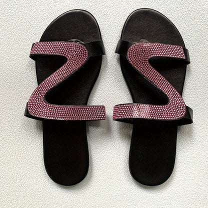Women's Rhinestone Slide Sandals, Casual Open Round Toe Flat Slide Shoes, Outdoor Beach Slides