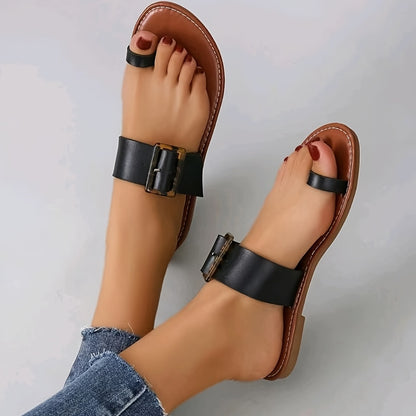 Women's Toe-Loop Flat Sandals, Retro Style Buckle Flat Shoes, Women's Footwear