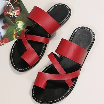 Women's Toe Loop Cross Strap Flat Slippers, Open Toe Non Slip Solid Slides Shoes, Casual Outdoor Slippers