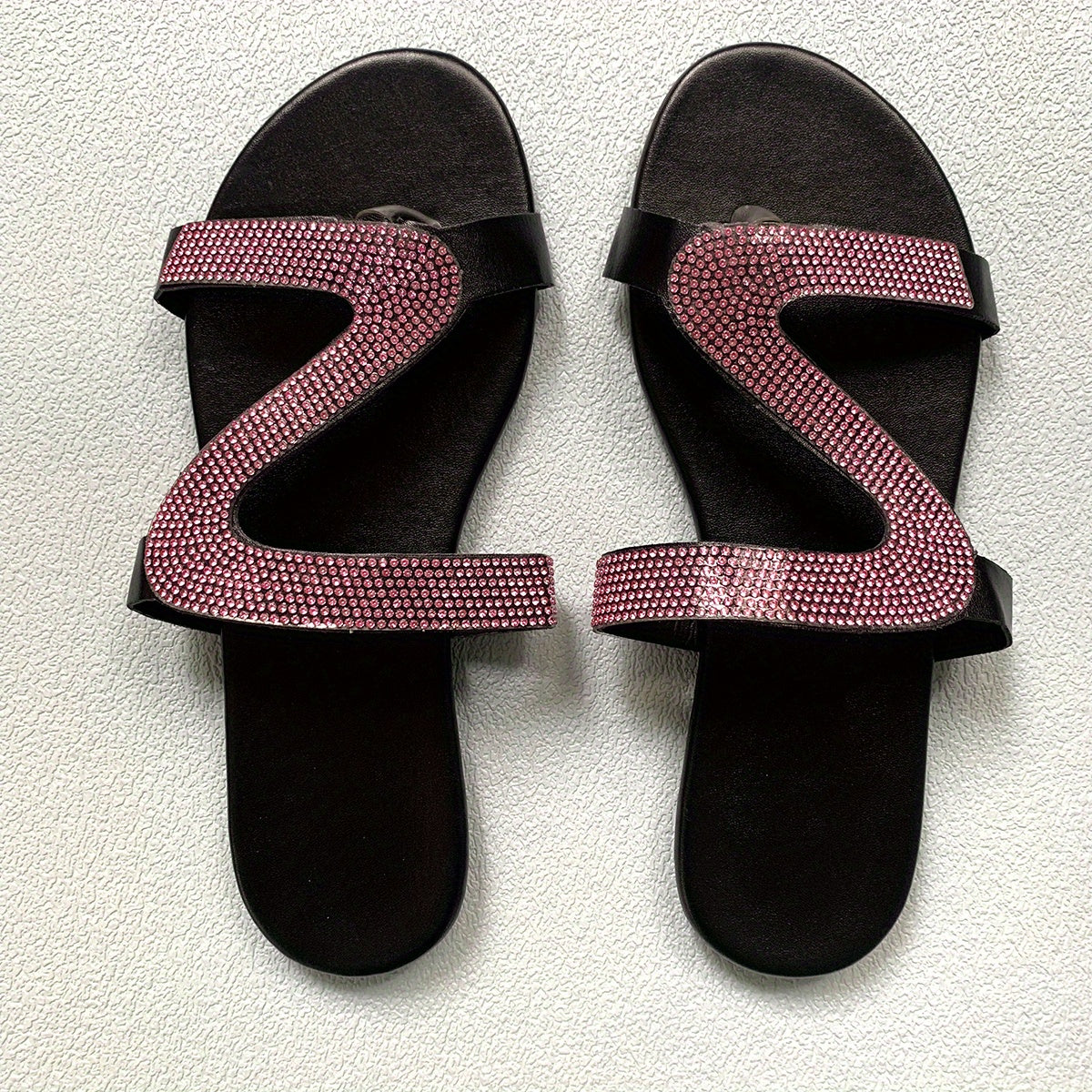 Women's Rhinestone Slide Sandals, Casual Open Round Toe Flat Slide Shoes, Outdoor Beach Slides