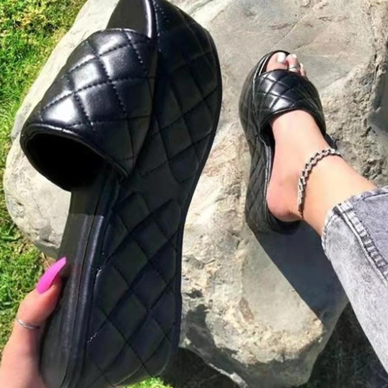 Women Stylish Platform Wedge Quilted Leatherette Slide Sandals