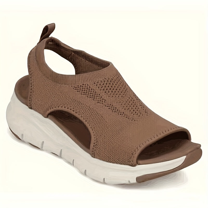 Women's Knitted Cut-out Sandals, Solid Color Open Toe Slip On Shoes, Lightweight Wedge Shoes