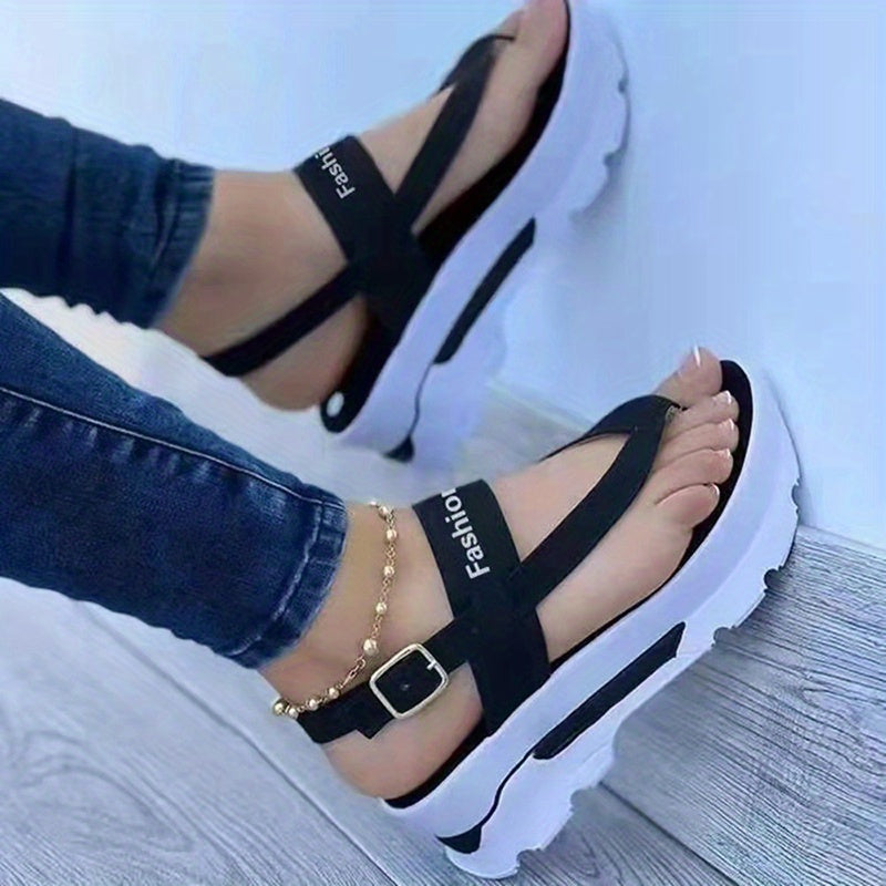 Women's Split Toe Sandals, Graphic Strappy Back Buckle Shoes, Women's Thick Sole Metal Buckle Shoes