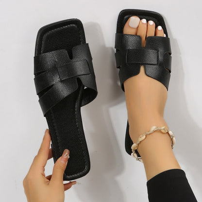 Women's Minimalist Square Toe Flat Sandals, Hollow Out Open Toe Slides Sandals, Women's Footwear