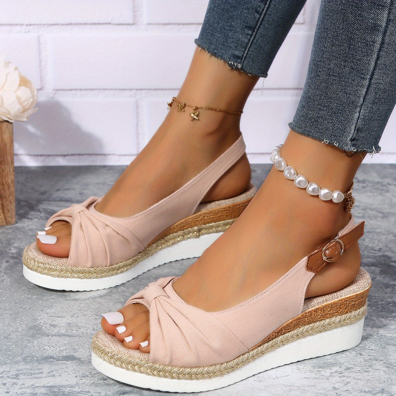 Peep Toe Slingback Wedge Sandals with Ankle Buckle Strap for Women