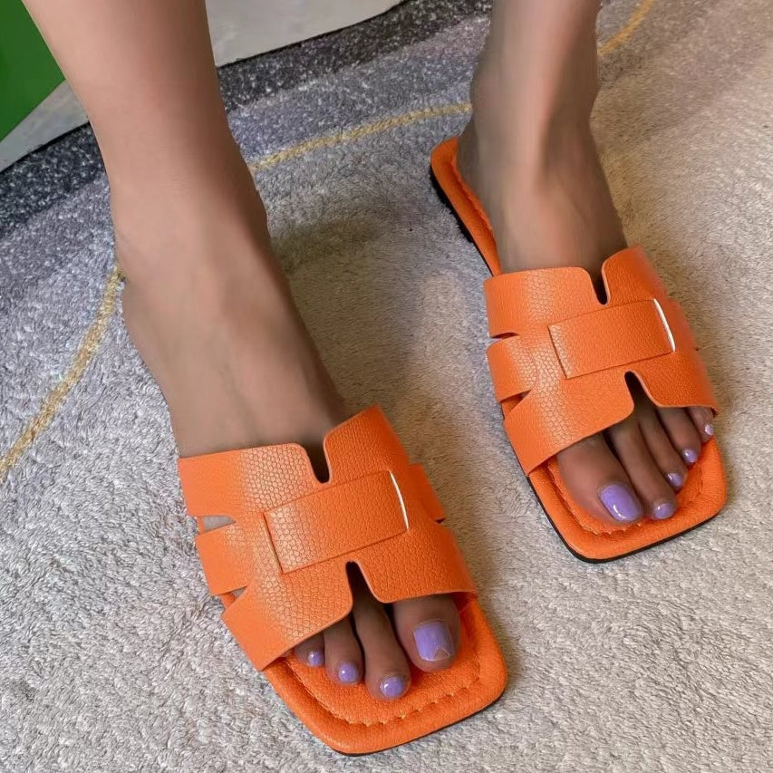 Women's Minimalist Square Toe Flat Sandals, Hollow Out Open Toe Slides Sandals, Women's Footwear