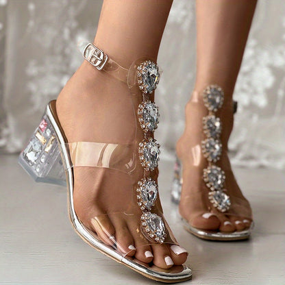 Women's Rhinestone Block Heel Sandals, Transparent T-strap Open Toe Buckle Strap Heels, Versatile Dress Sandals, Wedding Shoes