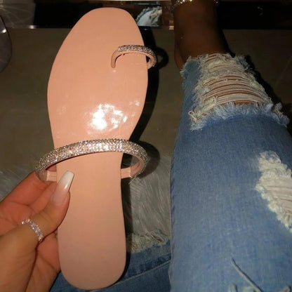 Flat With Slip-On Rhinestone Toe Ring Casual Rubber Slippers