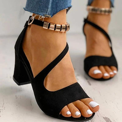 Women Summer Metal Ankle Strap Open Toe Buckle Chunky Heel Sandals